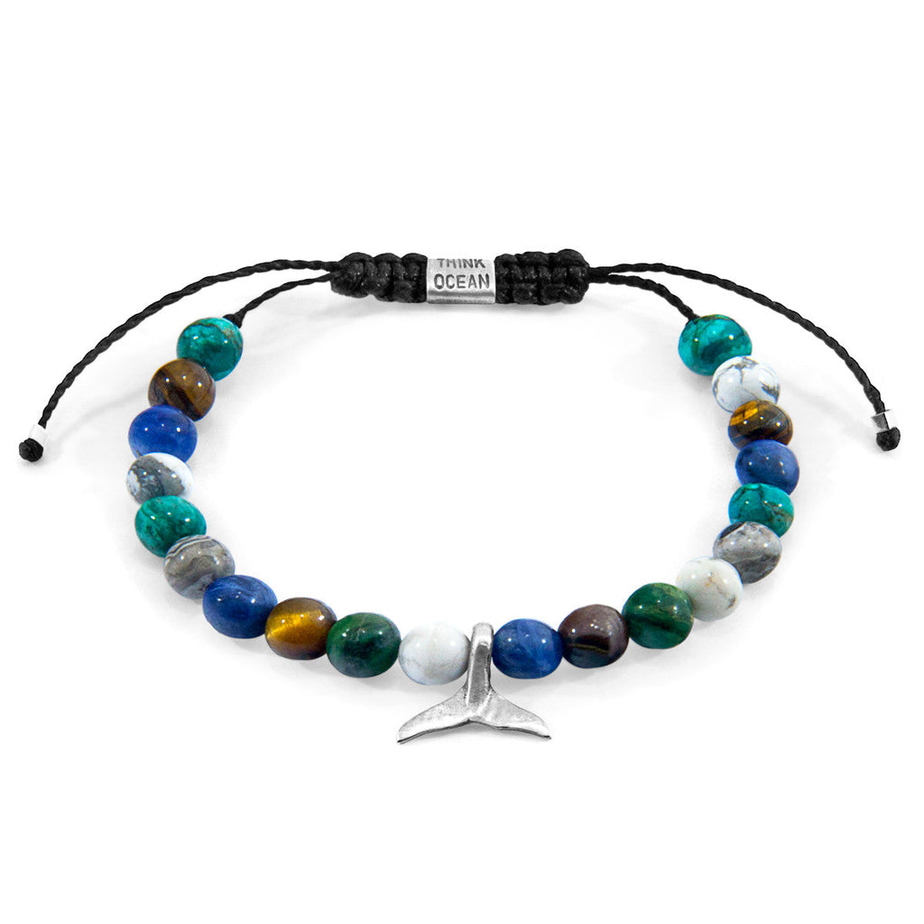 Anchor & Crew Multicoloured Multi-Gem Think Ocean Mini Whale Silver and Stone Macrame Bracelet