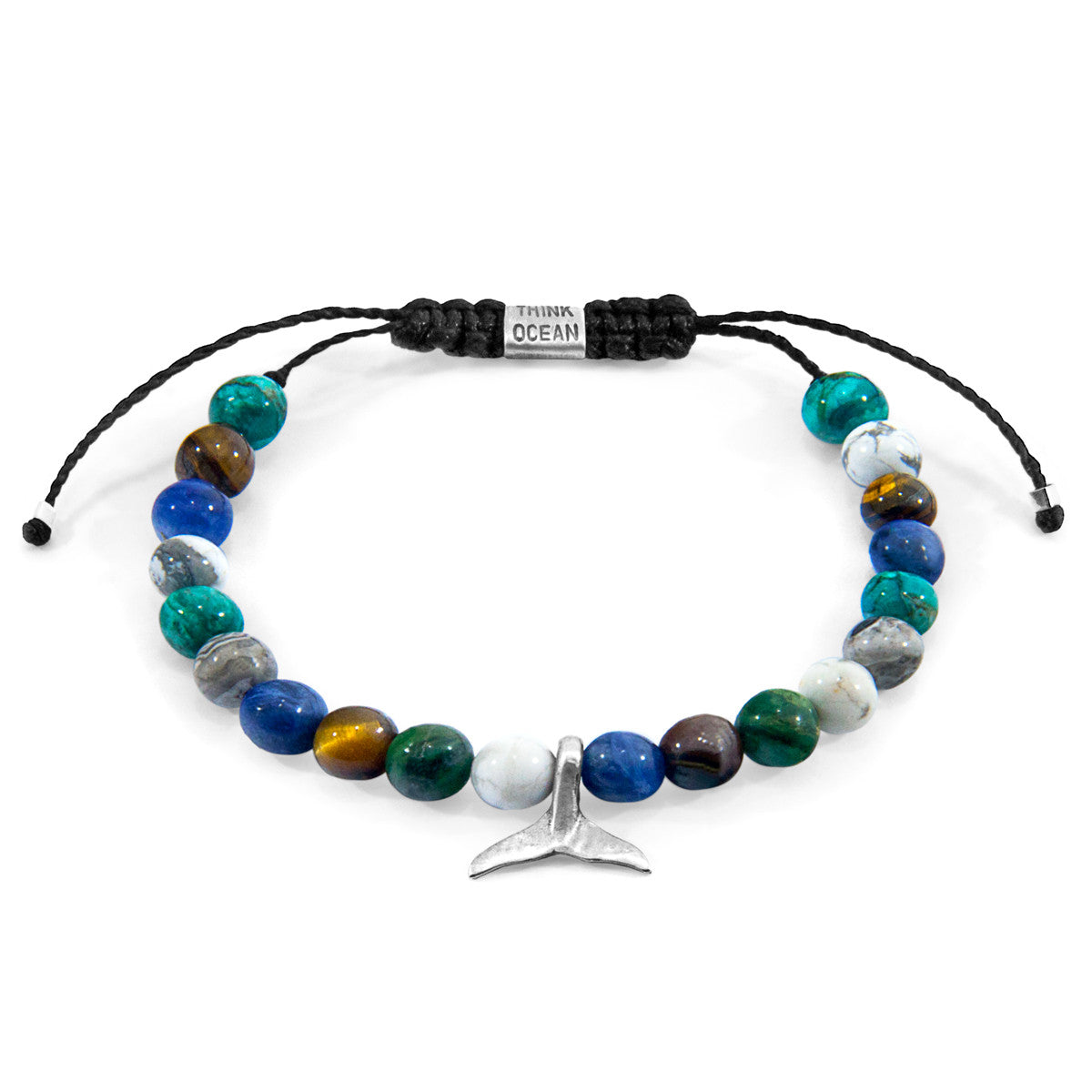 Anchor & Crew Multicoloured Multi-Gem Think Ocean Mini Whale Silver and Stone Macrame Bracelet