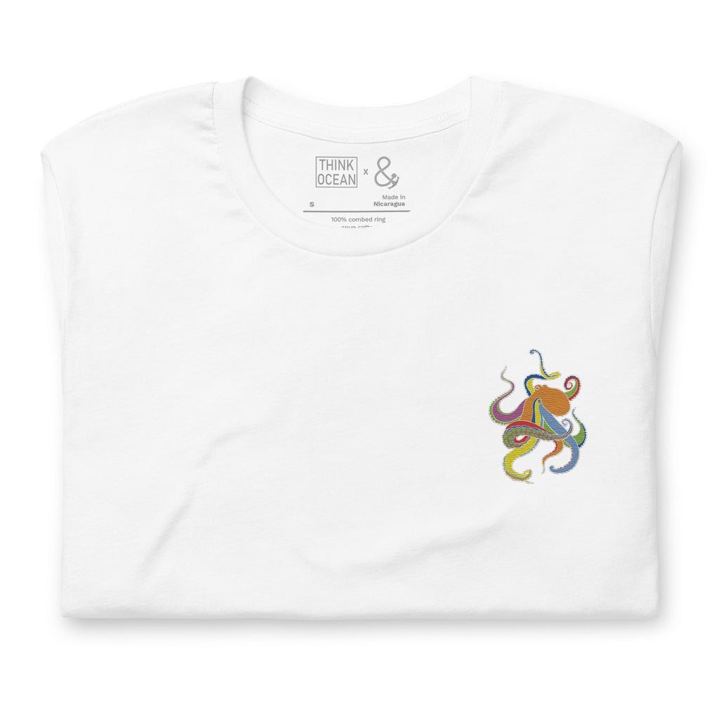 Think Ocean Octopus Fluorescence Cotton Embroidered T-Shirt